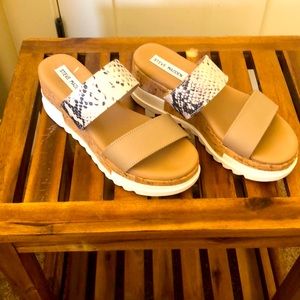 Steve Madden wedges. Tan/snakeskin print. Worn once, like new.